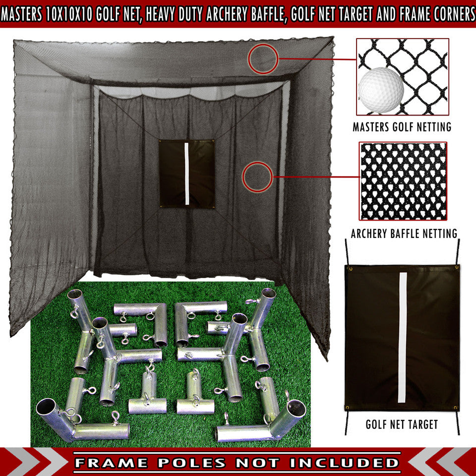 10x10x10 Masters Golf Net w Frame Kit, 4x6 Ultimate Golf Mat, & Ball Tray