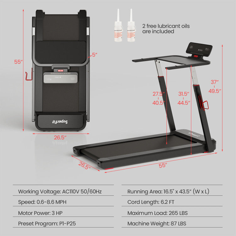 3HP Folding Treadmill with Adjustable Height and APP Control