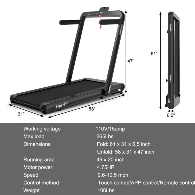 4.75HP 2 In 1 Folding Walking Pad Treadmill with Remote APP Control