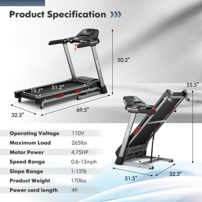 4.75 HP Folding Treadmill with Auto Incline and 20 Preset Programs