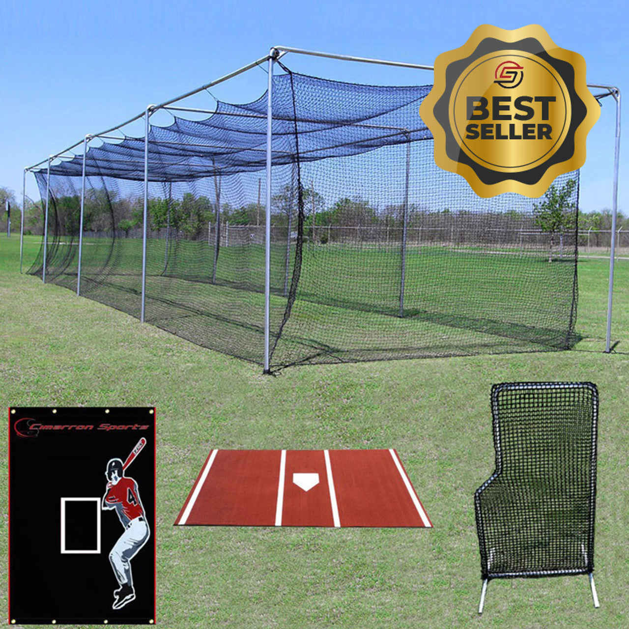 70x14x12 Commercial 2" Stand Alone Frame, 70x14x12 Commercial #45 Batting Cage Net, 7x4 #84 L-Net & Commercial Frame, 5x7 Vinyl Backstop w Batter's Image & Pro 6x12 Homeplate Mat