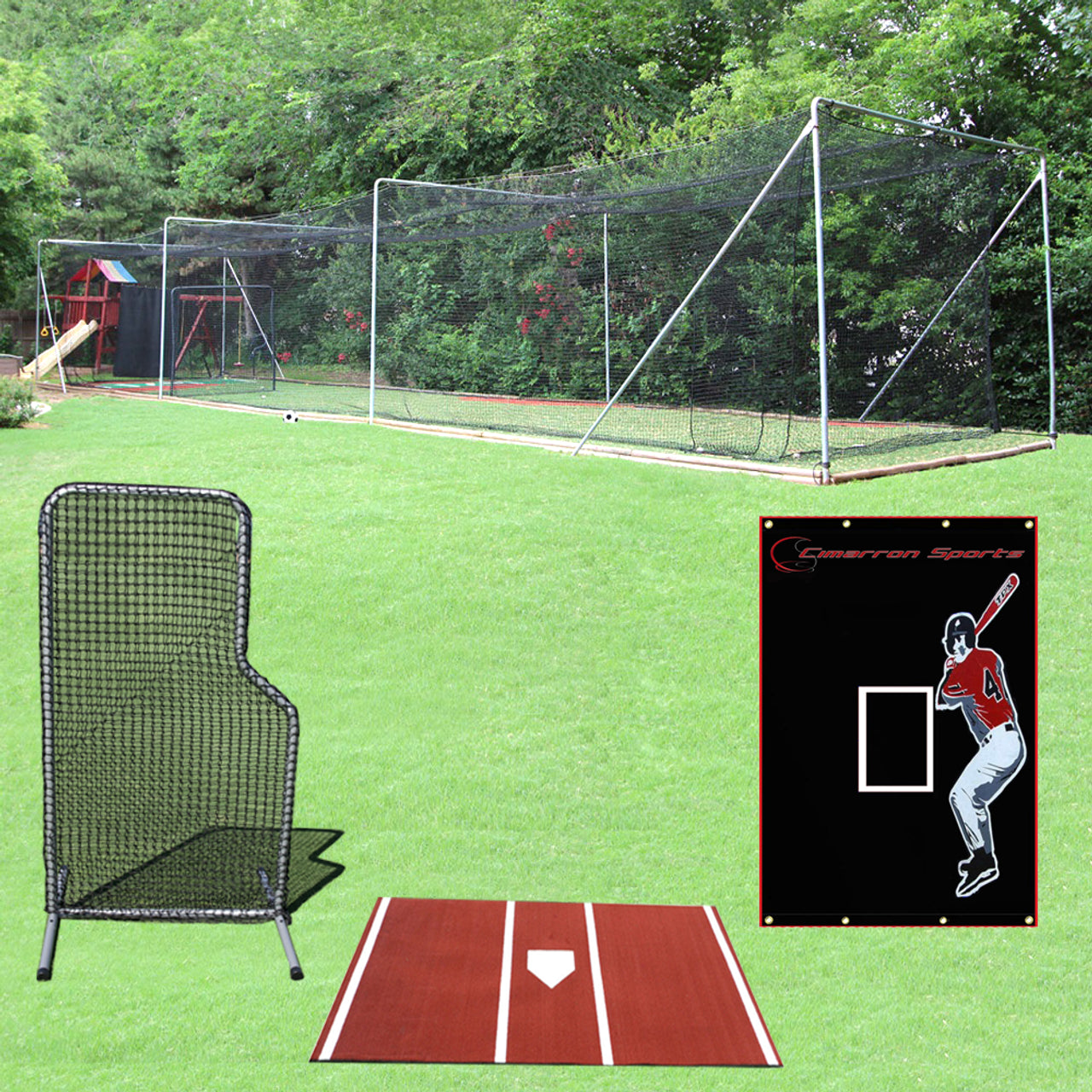 55' Deluxe Commercial Complete Frame, 55x14x12 Commercial #45 Batting Cage Net, 7x4 #84 L-Net & Commercial Frame, 5x7 Vinyl Backstop w Batter's Image & Pro 6x12 Homeplate Mat