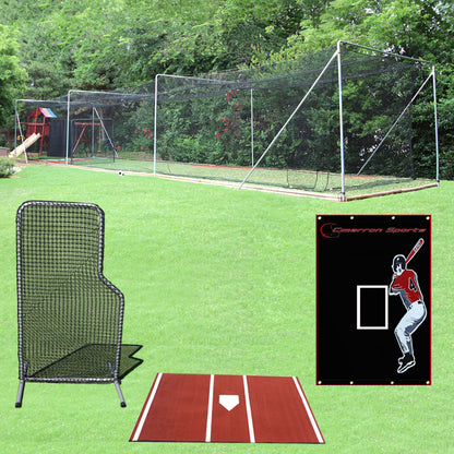 55' Deluxe Commercial Complete Frame, 55x14x12 Commercial #45 Batting Cage Net, 7x4 #84 L-Net & Commercial Frame, 5x7 Vinyl Backstop w Batter's Image & Pro 6x12 Homeplate Mat