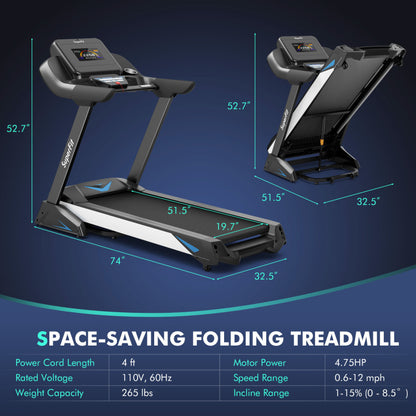 4.75 HP Treadmill with APP and Auto Incline for Home and Apartment