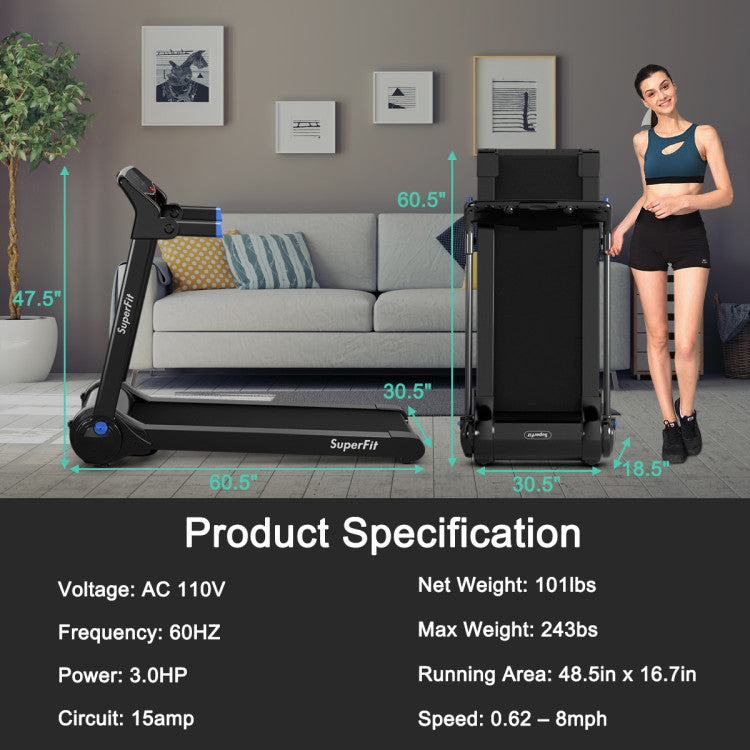 3HP Electric Folding Treadmill with Bluetooth Speaker